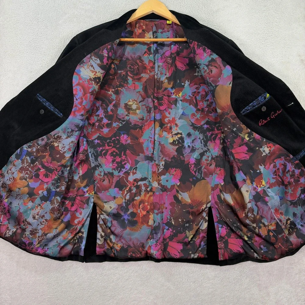 Robert Graham Mens 50L Classic Fit Black Velvet Blazer Peak Lapel Floral Lining